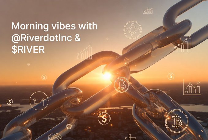 The image features a chain with a sunburst design, surrounded by various symbols related to cryptocurrency and finance. The text "Good Morning Morning vibes with @RiverdotInc & $RIVER" is displayed above the chain, while the words "chain-abstraction stablecoins powered by satUSD." are below it. The image also includes a link to the post on social media where these symbols were used in the caption.