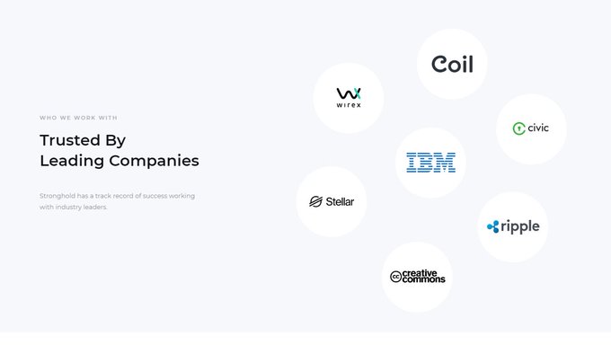 A business website section titled 'Trusted By Leading Companies' displaying logos of partners including Coil, Wirex, Civic, IBM, Stellar, Ripple, and Creative Commons.