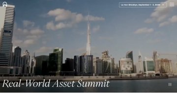 A cityscape with skyscrapers under a blue sky, labeled "Real-World Asset Summit" at the bottom.