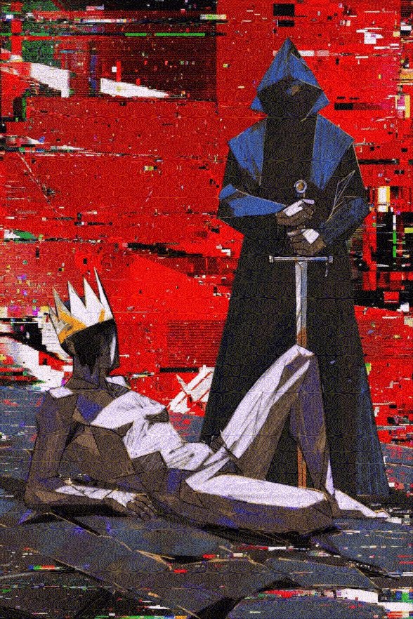 The image features a mannequin dressed in a robe, holding a sword while standing next to another mannequin wearing a crown. The background of the image has red and black colors with white splatters, giving it an artistic and abstract appearance. The caption for this image reads "Gn fam Between Queen and Executioner @manifoldxyz".