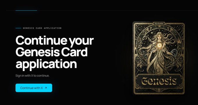 A dark webpage shows 'GENESIS CARD APPLICATION' with text 'Continue your Genesis Card application' and a 'Continue with X' button, alongside an ornate tarot-style card titled 'Genesis' depicting a golden female figure.