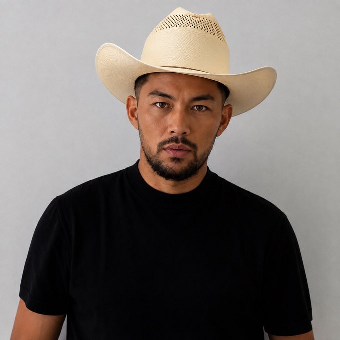Portrait of a man wearing a beige cowboy hat and black t-shirt, photographed against a plain gray background.