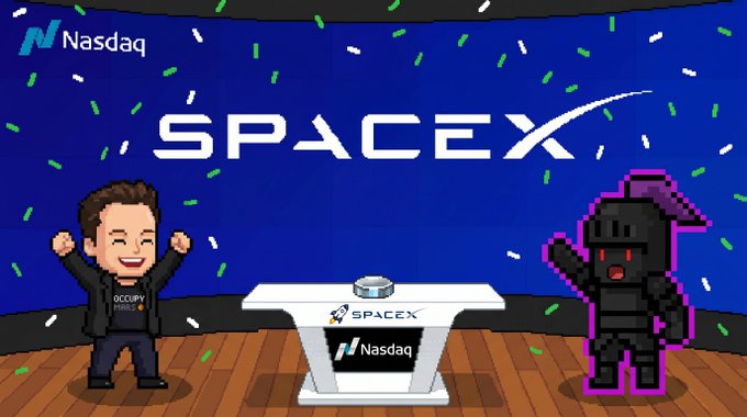 The image features a cartoon character standing next to a desk with a computer monitor, surrounded by confetti. The character appears to be celebrating or reacting to something happening around them. In the background of the image, there are two logos - one for "spacex" and another for "nasdaq". These logos suggest that this scene is related to a space-themed event or promotion.