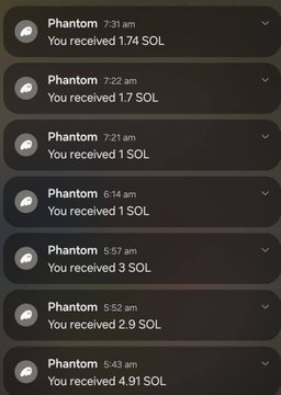 A screenshot of mobile notifications from the Phantom wallet showing multiple incoming SOL transactions, including amounts like 1.74 SOL, 1.7 SOL, 1 SOL, 3 SOL, 2.9 SOL, and 4.91 SOL.