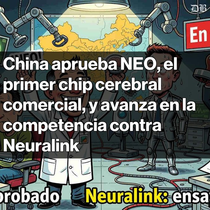 A Spanish-language cartoon illustration with text: "China aprueba NEO, el primer chip cerebral comercial, y avanza en la competencia contra Neuralink" and partially visible text "Neuralink: ensa" and "robado".