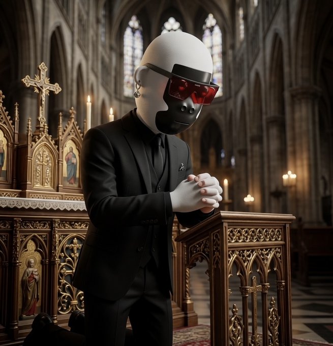 A surreal AI-generated image of a figure in a black suit and red sunglasses with a half-black, half-white face, kneeling in prayer at a Gothic cathedral altar.