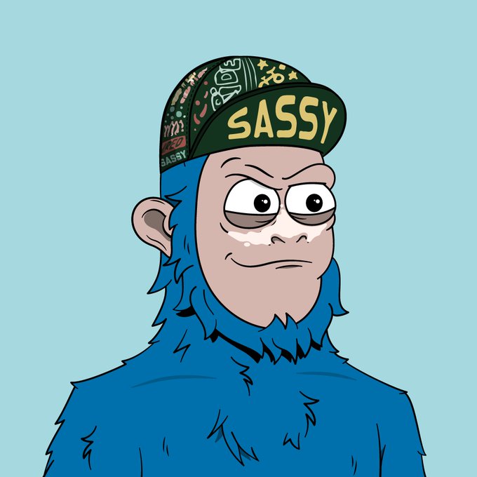An illustration features a blue-furred gorilla-like character wearing a green cap with various doodles and the word "SASSY" written in yellow.
