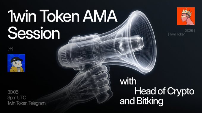 The image features a poster for an event called "1win Token AMA Session" with two people holding megaphones. The poster also includes information about the event's main topics, such as listing, airdrop, and upcoming activities. The event is scheduled for May 30th at 3 PM UTC.
