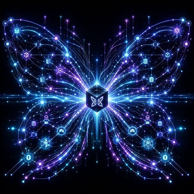 A symmetrical digital artwork featuring a glowing cube in the center surrounded by a butterfly-shaped network of light rays, nodes, and technological icons in neon blue and purple hues.