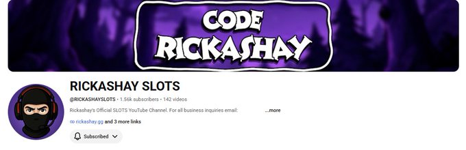 The image shows a YouTube channel banner for "RICKASHAY SLOTS" (@RICKASHAYSLOTS) with 1.56K subscribers and 142 videos, featuring the channel's logo and a "Subscribed" button. The image relates to the post by promoting the creator's YouTube slots channel as part of a $50 ETH giveaway, asking viewers to subscribe and provide proof.