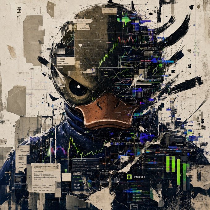A stylized digital collage artwork of a bird character with a beak, constructed from financial chart data and grunge textures, with the watermark 'ETURDER'.