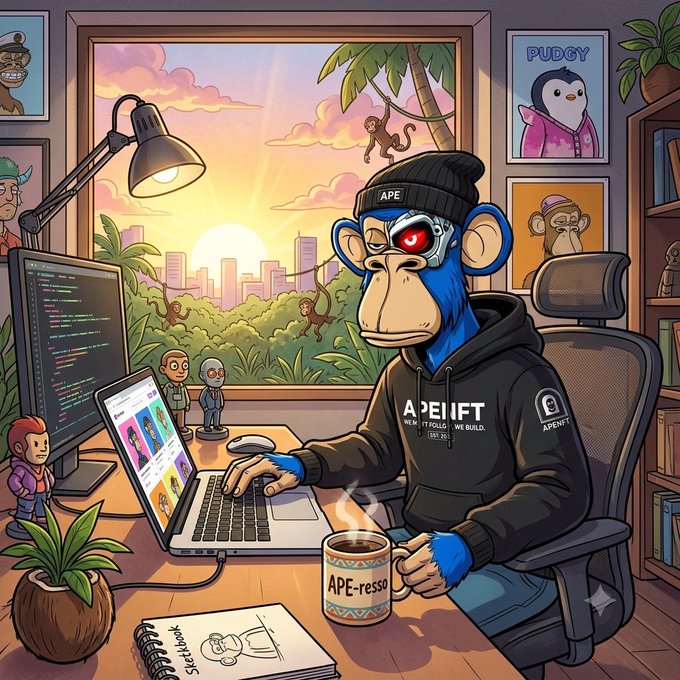A cartoon blue ape wearing an "APE NFT CO" hoodie and "APE" beanie sits at a desk working on a laptop, with visible text "APENFT," "APE-resso" on the coffee mug, and a "PUDGY" poster on the wall. The crypto/builder aesthetic, featuring code screens and project references, complements the morning crypto update by tagging projects like Quip Network, NucleusCodes, and Sleepagotchi.