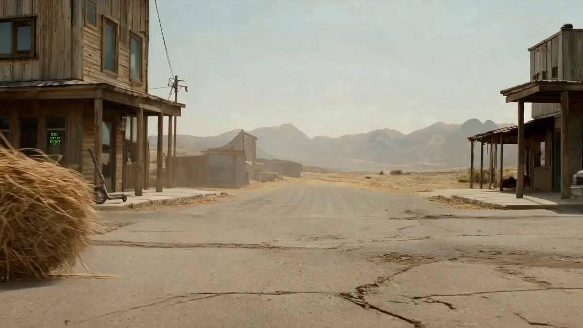 The image shows an old western town with two buildings situated next to each other. The buildings appear to be abandoned or run-down, suggesting that they have been neglected for some time. In front of one of these buildings, there is a large pile of hay, adding to the overall sense of abandonment and decay in the scene. The post accompanying this image provides information about the location, stating "solana:FeMbDoX7R1Psc4GEcvJdsbNbZA3bfztcyDCatJVJpump In a place where no one cares, it grows wildly." This message seems to be related to the abandoned buildings and the hay pile in the image.