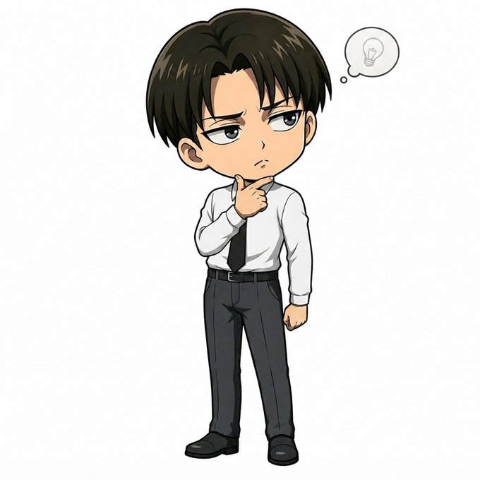 A chibi-style anime illustration of a young man in a white shirt and tie, thinking with his finger on his chin and a lightbulb thought bubble above his head.