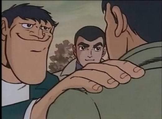 Two cartoon characters with smirks place a hand on the shoulder of a third man, framing the scene as an intimidating persuasion. The image humorously represents the poster's strong conviction and bullish pressure on ETH, suggesting others should be convinced to buy before it reaches $5k.