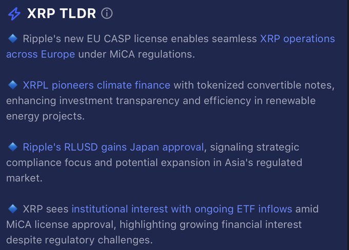 A daily XRP update graphic highlighting Ripple's EU MiCA license approval, XRPL's climate finance initiatives, Japan's approval of RLUSD stablecoin, and growing institutional interest via ETF inflows—all underscoring XRP's expanding global regulatory footprint.