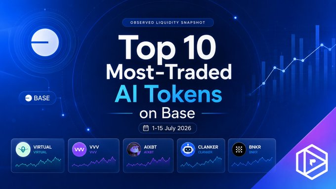 A blue promotional graphic titled 'Top 10 Most-Traded AI Tokens on Base' dated 1-15 July 2026, showing tokens including VIRTUAL, VVV, AIXBT, CLANKER, and BNKR.