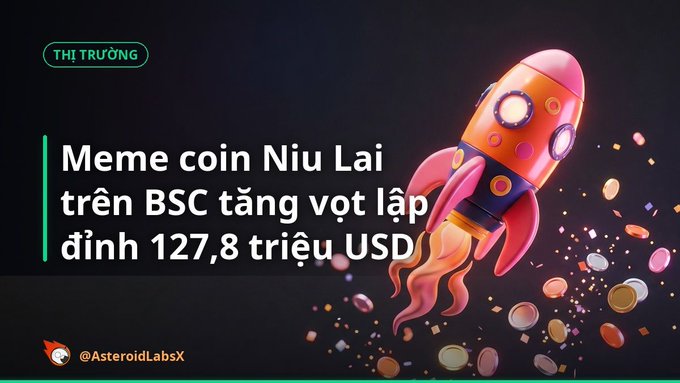 A graphic about a cryptocurrency titled 'Meme coin Niu Lai trên BSC tăng vọt lập đỉnh 127,8 triệu USD' (Meme coin Niu Lai on BSC surges to a peak of $127.8 million) from @AsteroidLabsX, featuring an illustration of a rocket ship blasting off amidst flying coins.