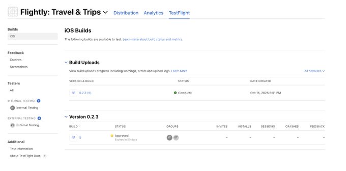 The image shows the TestFlight dashboard for "Flightly: Travel & Trips," displaying an iOS build with version 0.2.3 (build 5) marked as "Approved" and set to "Expires in 35 days," created on Oct 15, 2026. This confirms the post's announcement that the Flightly app has cleared Apple TestFlight approval and is ready for its upcoming launch on Pumpfun.