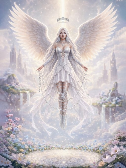 A fantasy illustration depicts a white-haired angel with large wings, wearing a white dress and a floating crown, hovering above a flower garden with a castle in the background.