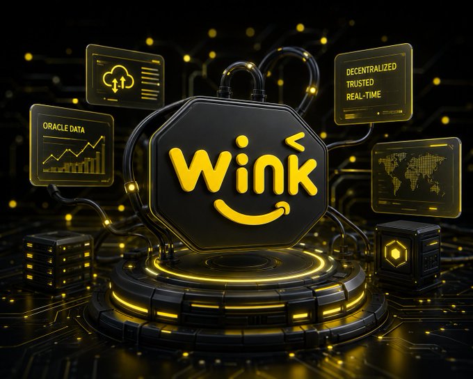 A glowing black and gold hexagonal emblem displaying "Wink" sits on a futuristic circuit board platform, surrounded by digital panels labeled "ORACLE DATA," "DECENTRALIZED TRUSTED REAL-TIME," and a world map graphic. The imagery visually represents the post's message about WINkLink's efficient oracle infrastructure, combining on-chain and off-chain data processing to deliver reliable, real-time services.