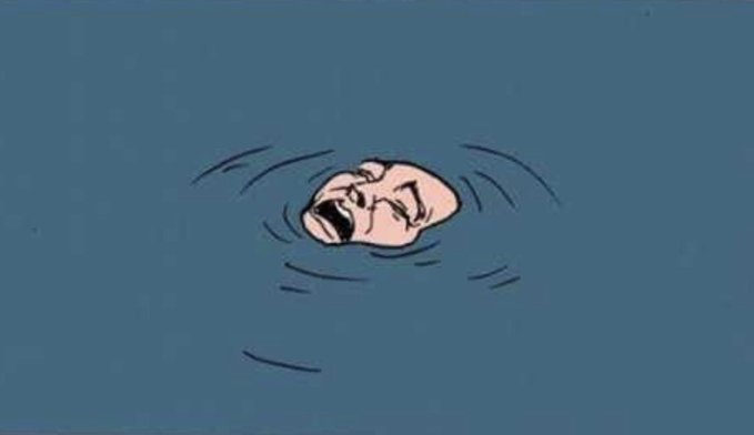 A minimalist cartoon depicts a screaming face submerged in water with concentric ripples around it.