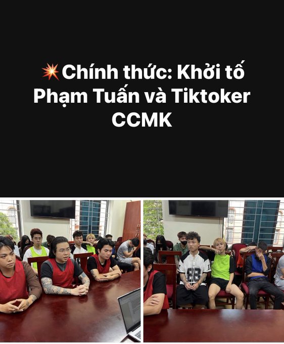 A Vietnamese news graphic with text 'Chính thức: Khởi tố Phạm Tuấn và Tiktoker CCMK' above two photos of people sitting in what appears to be a courtroom or office setting.