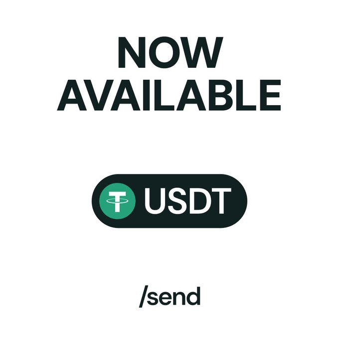 A promotional graphic on a white background announces 'NOW AVAILABLE' for USDT (Tether), accompanied by the /send command.