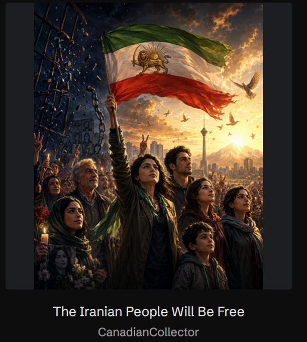 A dramatic digital illustration of a crowd of people looking up with hope, one woman raising the Iranian flag, captioned 'The Iranian People Will Be Free' by CanadianCollector.