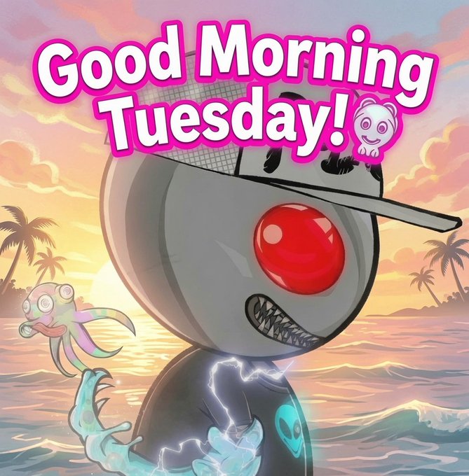 Digital illustration with the text 'Good Morning Tuesday!' showing a cartoon character with a red glowing eye and lightning effects holding a small creature, set against a sunset beach background.