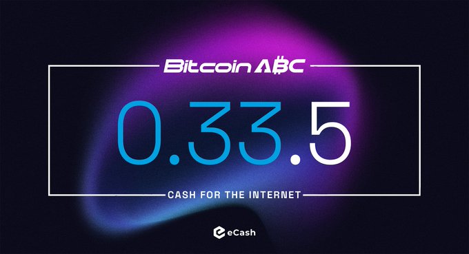 The image features a banner promoting a new cryptocurrency called Bitcoin ABC, with the title "Building Never Stops! Bitcoin ABC 0.33.5 is here!". The website's address displayed at the bottom of the image reads "$XEC". The image also contains text providing information about the release, including its title and an announcement for more details.