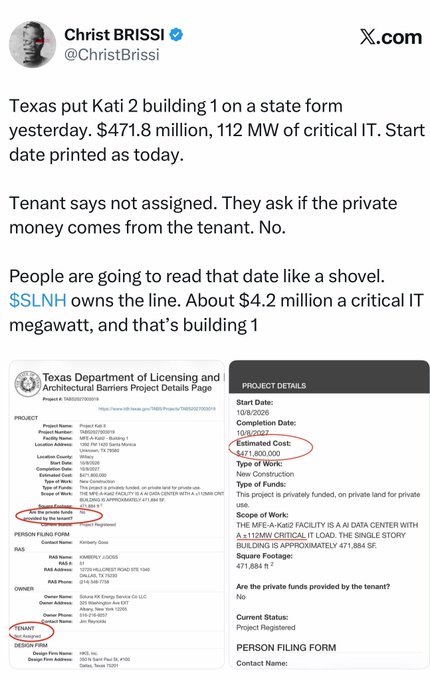 A tweet from Christ BRISSI (@ChristBrissi) on X.com discussing Texas and Kati 2 building 1, including screenshots of a Texas Department of Licensing and Architectural Barriers Project Details Page for the MFE-A-Kat2 Facility.