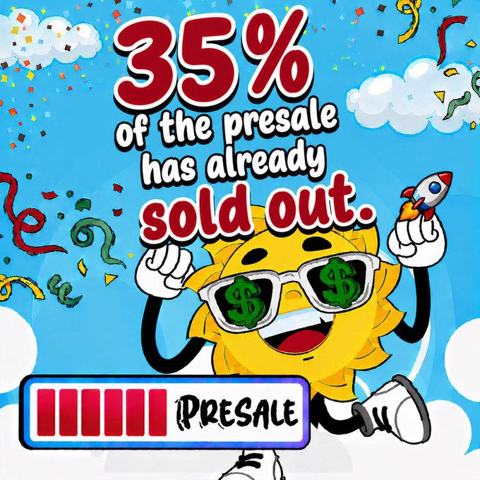 A cheerful cartoon sun wearing dollar-sign sunglasses holds a rocket amid confetti, with bold text reading "35% of the presale has already sold out" alongside a "PRESALE" progress bar. The image visually reinforces the post's message about $SUMMER's presale nearly being finished, with the "35% sold out" graphic highlighting the urgency to buy before the planned $1.00 launch from the current $0.90 price.