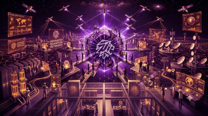 A vibrant, futuristic digital illustration depicting an advanced quantum network with a glowing central chip, interconnected satellites, scientists working at stations, and purple and orange neon lighting throughout a sprawling high-tech facility.