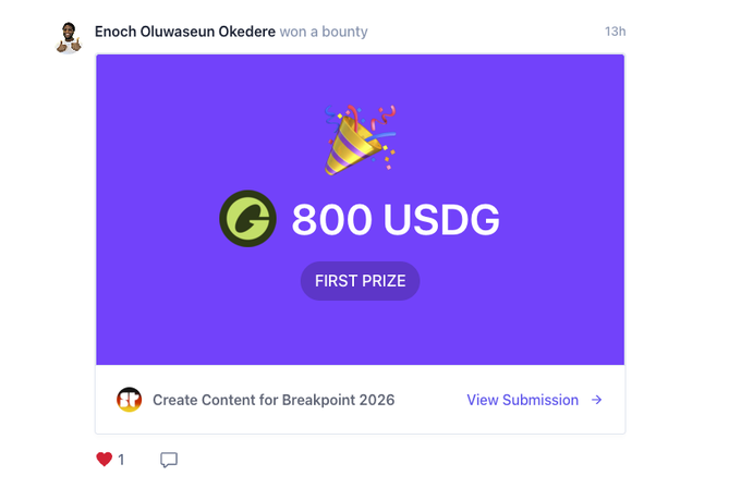 A notification screenshot showing Enoch Oluwaseun Okedere winning a 800 USDG First Prize bounty for 'Create Content for Breakpoint 2026' on a purple background.