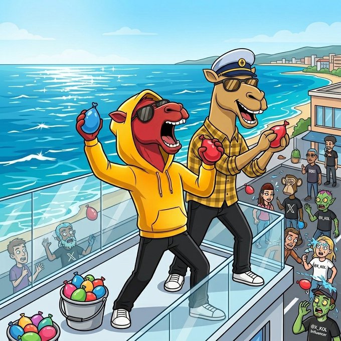 A cartoon illustration of a red llama in sunglasses and a giraffe in a sailor hat having a water balloon fight on a balcony, throwing balloons at a crowd of people below.