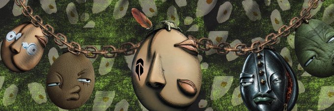 A dark, artistic image of a copper-colored chain necklace adorned with various sculpted face pendants/masks of different expressions and materials, displayed against a green patterned background.
