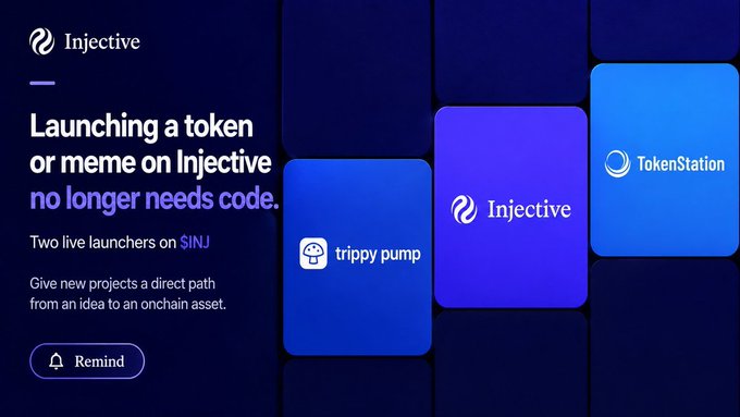 An advertisement for Injective reads 'Launching a token or meme on Injective no longer needs code' and highlights two live launchers, Trippy Pump and TokenStation, on $INJ.