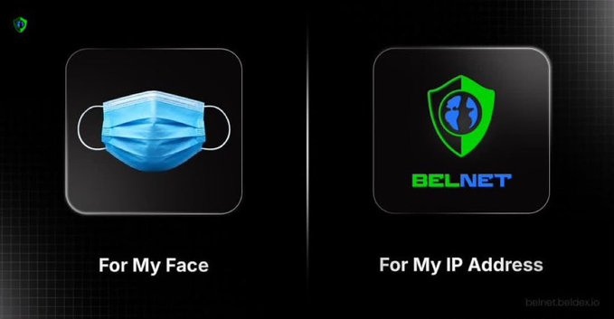 The image compares two approaches to privacy side-by-side: a blue face mask labeled "For My Face" and a Beldex (BEL.NET) shield logo labeled "For My IP Address," emphasizing that Beldex prioritizes digital privacy at its core rather than as an afterthought.