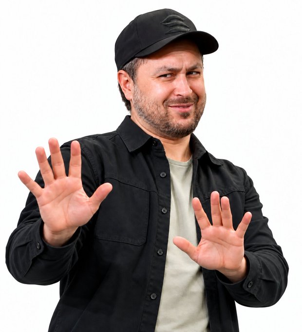 A man in a black cap and dark shirt raises both hands with palms facing forward in a playful "stop" or "enough" gesture, making a skeptical, side-eye expression. The image humorously captures a "no way" or "yeah, right" reaction to skepticism about Solana's capabilities.