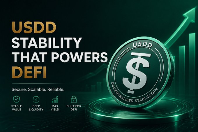 The image features a green coin with a dollar sign symbol on it, placed on a table against a dark background. The text "USDD Stability that Powers Defi" is written above the coin, indicating its connection to DeFi trading. The coin's position and the surrounding environment suggest that it might be part of an educational or promotional campaign related to cryptocurrency and financial markets.