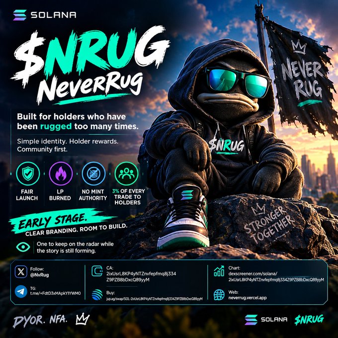 A promotional graphic for the Solana-based cryptocurrency "$NRUG (NeverRug)" featuring a frog character in sunglasses and a hoodie, with text about fair launch and community features.