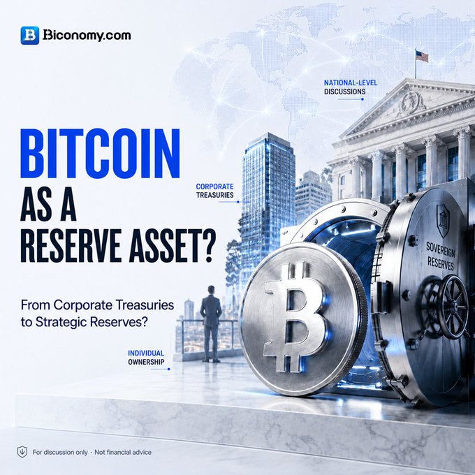 A graphic from Biconomy.com posing the question 'BITCOIN AS A RESERVE ASSET?' with an image of a large Bitcoin coin next to a bank vault door labeled 'SOVEREIGN RESERVES.'