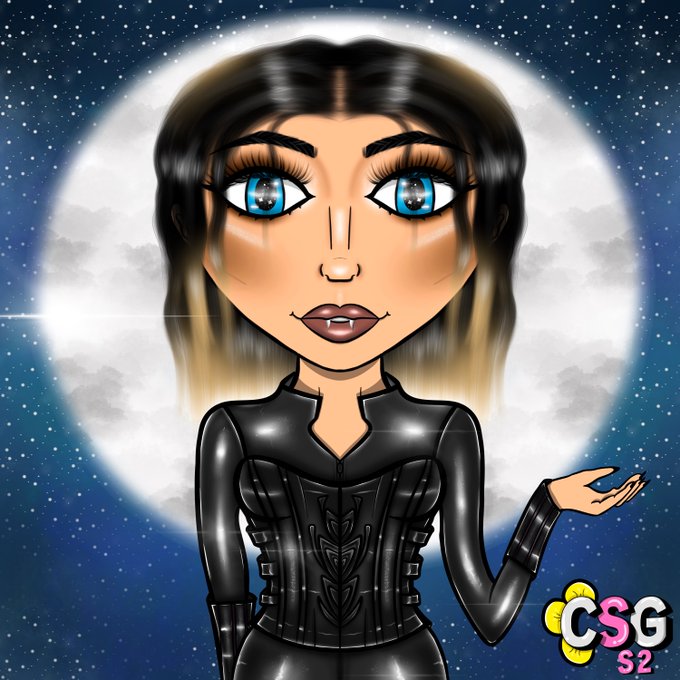 A stylized cartoon illustration of a woman with blue eyes and dark hair in a black outfit, posing in front of a full moon with the text 'CSG S2' in the corner.