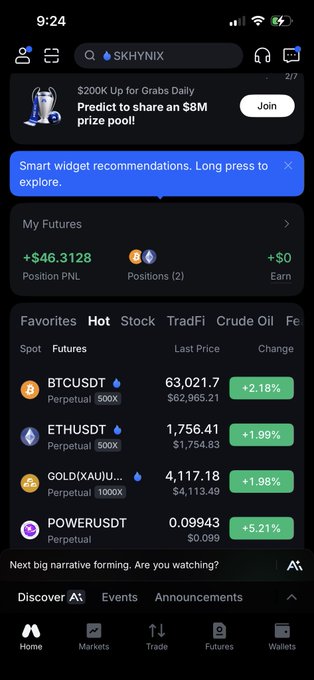 A mobile trading app interface shows a My Futures PNL of +$46.3128, with a Hot tab displaying prices for BTCUSDT (+2.18%), ETHUSDT (+1.99%), GOLD(XAUJ...) (+1.98%), and POWERUSDT (+5.21%).