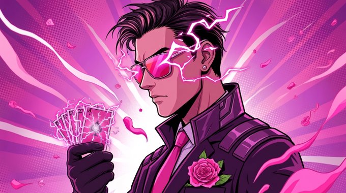 An illustrated man in a dark suit with a pink rose boutonniere wears pink sunglasses and holds glowing playing cards, surrounded by pink lightning and energy effects.