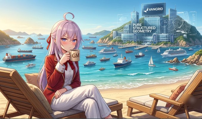 An anime-style illustration of a silver-haired girl in a red blazer sitting on a beach chair holding a 'GM' mug, with boats, an island, and a 'VANGRID' sign for 'PURE STRUCTURED GEOMETRY' in the background.