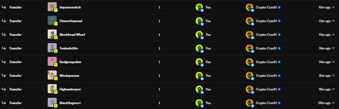 A screenshot of cryptocurrency transaction history showing multiple transfers from various usernames to 'You', with amounts paid in 'Crypto: Credit'.