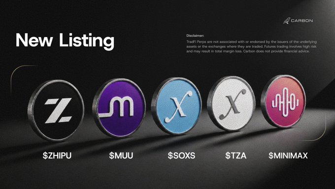 A promotional graphic for Carbon announces "New Listing" featuring five tokenized assets displayed as circular icons: $ZHIPU, $MUU, $SOXS, $TZA, and $MINIMAX, accompanied by a disclaimer noting Carbon's lack of association with the underlying issuers and the high-risk nature of trading.