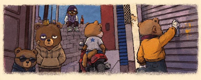 The image features a cartoon scene of five bears, including two brown ones and three white ones, standing together with their arms raised as if they are celebrating or posing for a picture. The background shows a city street with buildings and a motorcycle parked nearby. There is also a text in the image that reads "Focus on what is in the image and how it relates to the post".